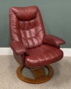 STRESSLESS TYPE RED LEATHER EASY CHAIR, recline and swivel action on a circular base, 103 (H) x