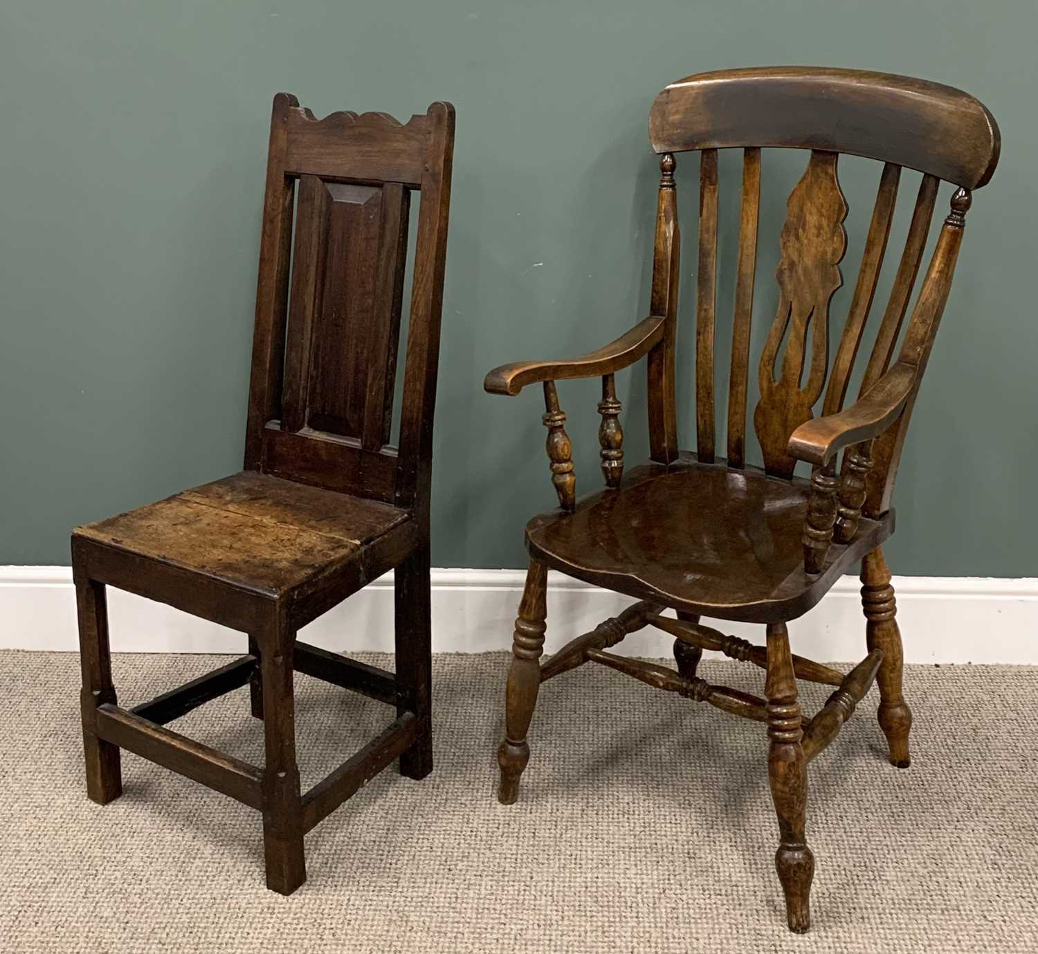 TWO ANTIQUE CHAIRS circa 1800 & later, peg joined early oak hall chair, shaped crest rail, fielded - Image 3 of 4