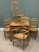 PINE KITCHEN TABLE & SIX (4+1+1) LADDER-BACK RUSH SEATED CHAIRS comprising one carver/armchair,