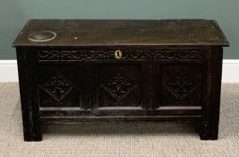 18TH CENTURY OAK PLANKED BLANKET CHEST WITH INTERIOR CANDLE BOX, the single piece top with edge