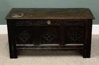 18TH CENTURY OAK PLANKED BLANKET CHEST WITH INTERIOR CANDLE BOX, the single piece top with edge