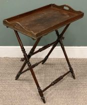 MAHOGANY BUTLERS TRAY & FOLDING STAND circa 1860, two-handled rectangular tray, turned supports