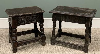 TWO ANTIQUE STYLE OAK JOINT STOOLS, the first with chip-carved detail to the top edge, carved fan