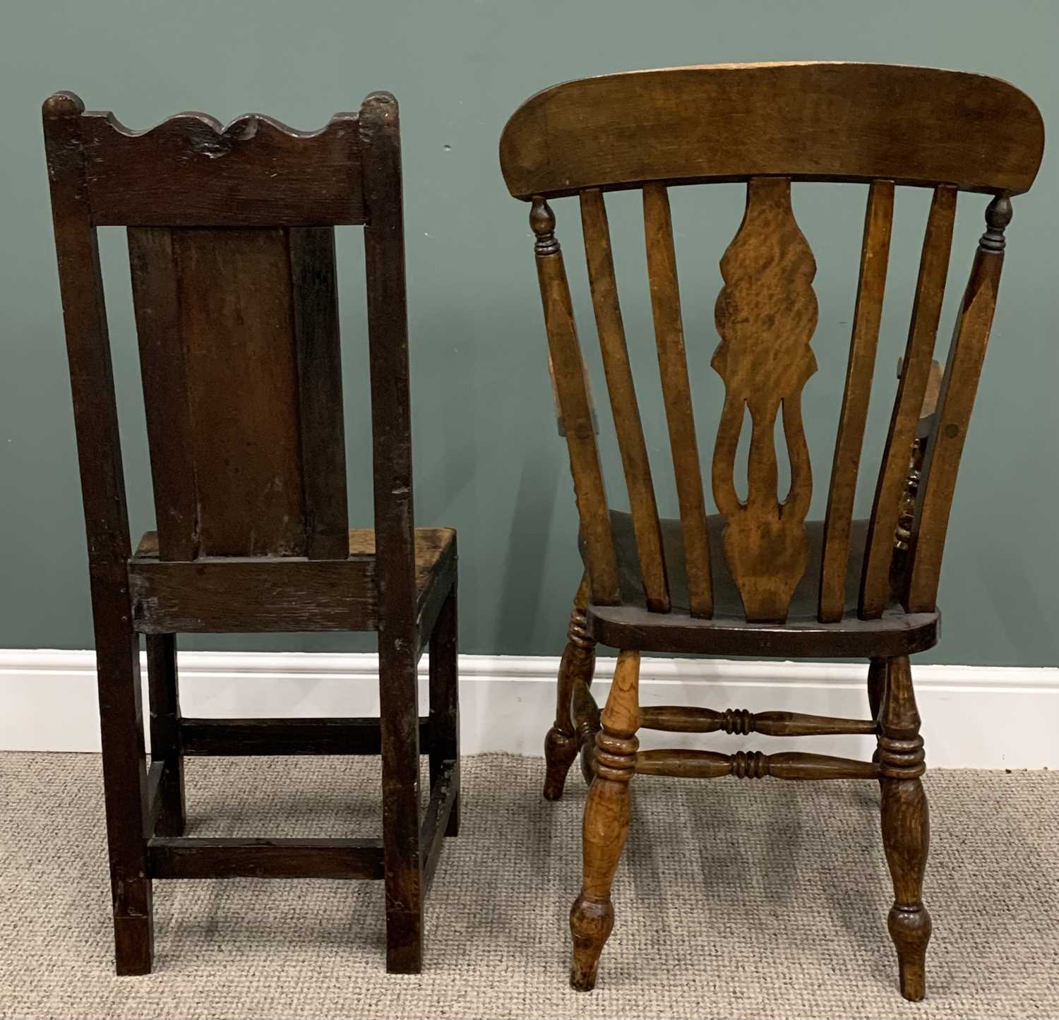 TWO ANTIQUE CHAIRS circa 1800 & later, peg joined early oak hall chair, shaped crest rail, fielded - Image 4 of 4