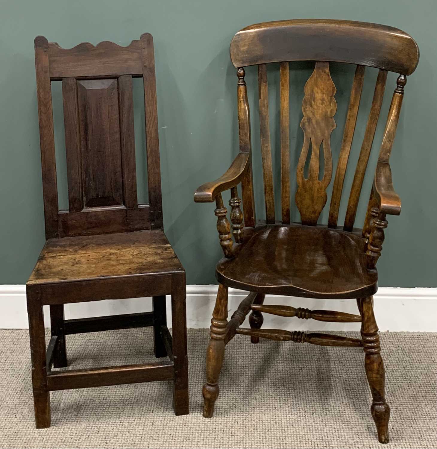 TWO ANTIQUE CHAIRS circa 1800 & later, peg joined early oak hall chair, shaped crest rail, fielded