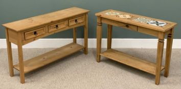 TWO BELIEVED MEXICAN PINE CONSOLE TABLES comprising, three drawer example, square supports,