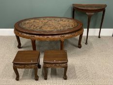 CHINESE DEEP-CARVED OVAL COFFEE TABLE & THREE FURTHER SIDE TABLES, oval top with glass protector,
