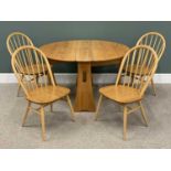 ERCOL LIGHT ELM AND BEECH WINSDOR DINING TABLE AND FOUR HOOP-BACK CHAIRS WITH GOLD BUTTON LABELS, 73