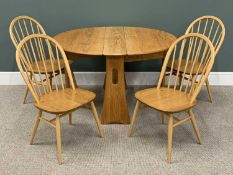 ERCOL LIGHT ELM AND BEECH WINSDOR DINING TABLE AND FOUR HOOP-BACK CHAIRS WITH GOLD BUTTON LABELS, 73
