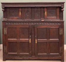 18TH CENTURY WELSH OAK DEUDDARN, one piece peg-joined construction, carved upper frieze and turned