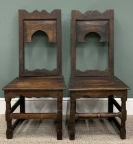 NEAR PAIR OF 18TH CENTURY HIGHBACK HALL CHAIRS, carved with the names JANE WILLIAMS - BORN 1674 &