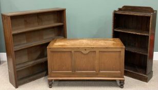 THREE VINTAGE FURNITURE ITEMS comprising, oak open bookcase, four fixed shelves, bobbin detail,