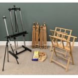 VARIOUS ARTISTS EASELS IN WOOD AND METAL (5+1) AND TWO FOLDING WOODEN PORTFOLIO STANDS, 156 (H) x 60