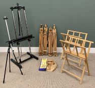 VARIOUS ARTISTS EASELS IN WOOD AND METAL (5+1) AND TWO FOLDING WOODEN PORTFOLIO STANDS, 156 (H) x 60