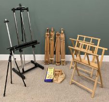 VARIOUS ARTISTS EASELS IN WOOD AND METAL (5+1) AND TWO FOLDING WOODEN PORTFOLIO STANDS, 156 (H) x 60