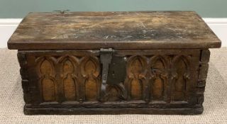 LATE 17TH/EARLY 18TH CENTURY OAK BIBLE BOX, iron hinges and possibly original shield shape lock,