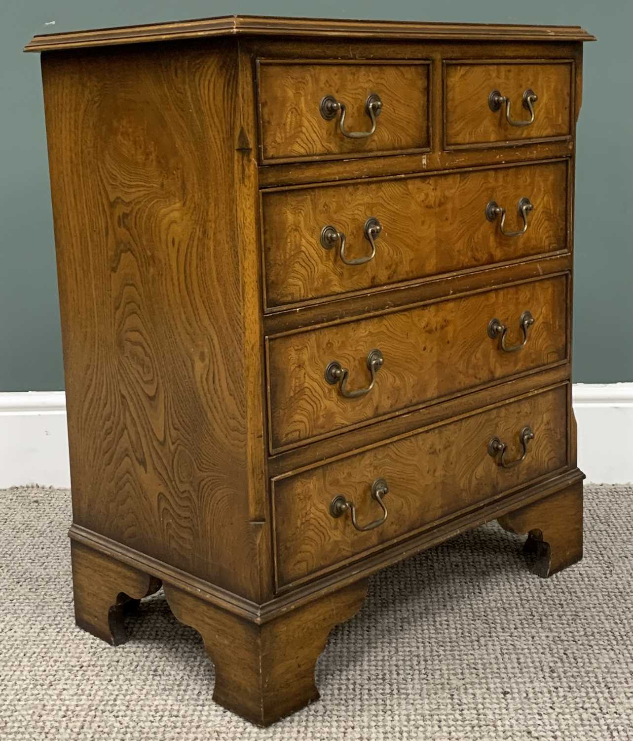 REPRODUCTION BURR WALNUT CHEST, neat proportions, two short, three long drawers, circular brass - Image 4 of 5