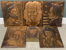 JAIN KOFFLER BA (BRITISH) SIX REPOUSSE COPPER PANELS, the first titled 'George Washington Esq', 59 x