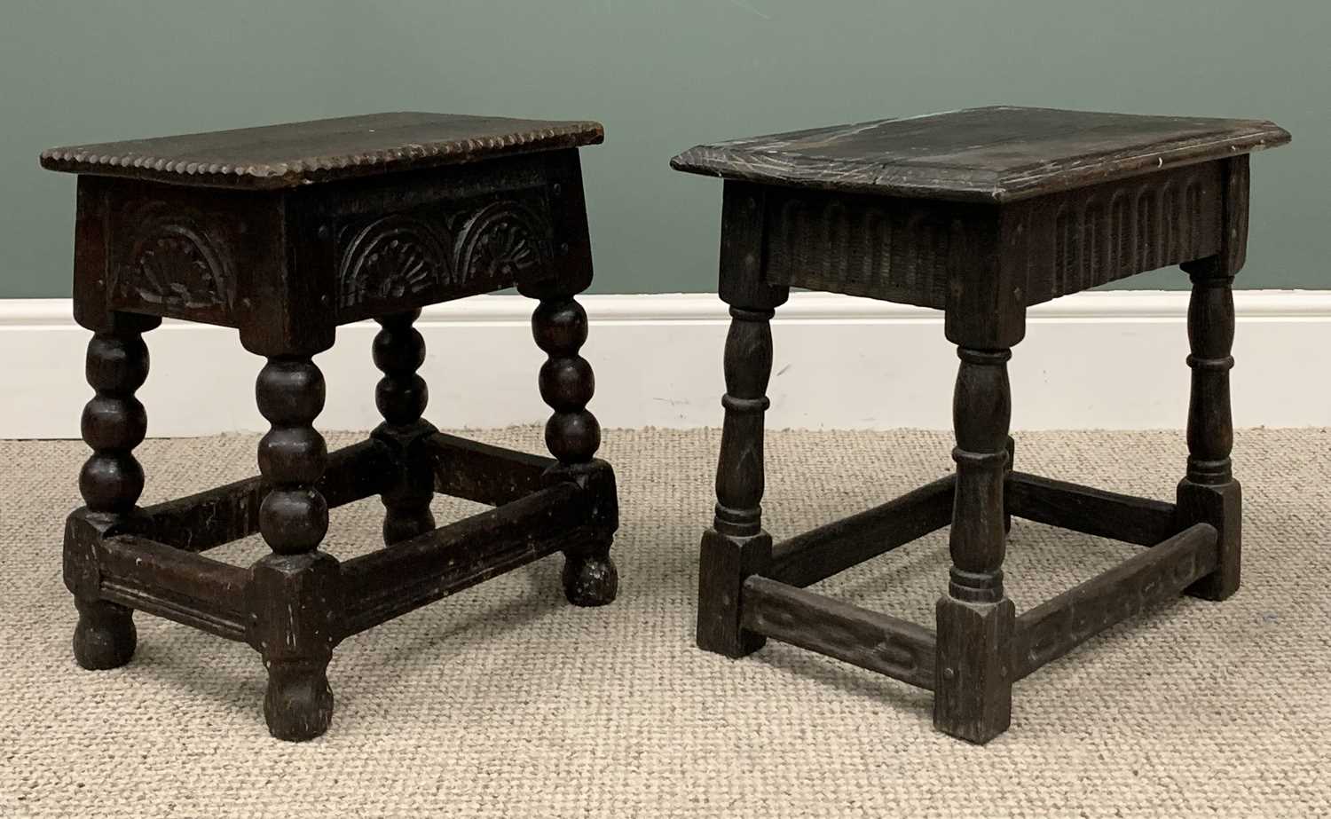 TWO ANTIQUE STYLE OAK JOINT STOOLS, the first with chip-carved detail to the top edge, carved fan - Image 3 of 4