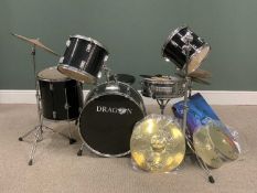 BLACK AND CHROME DRUMKIT comprising five various drums, cymbals, stool, foot pedals and drumsticks