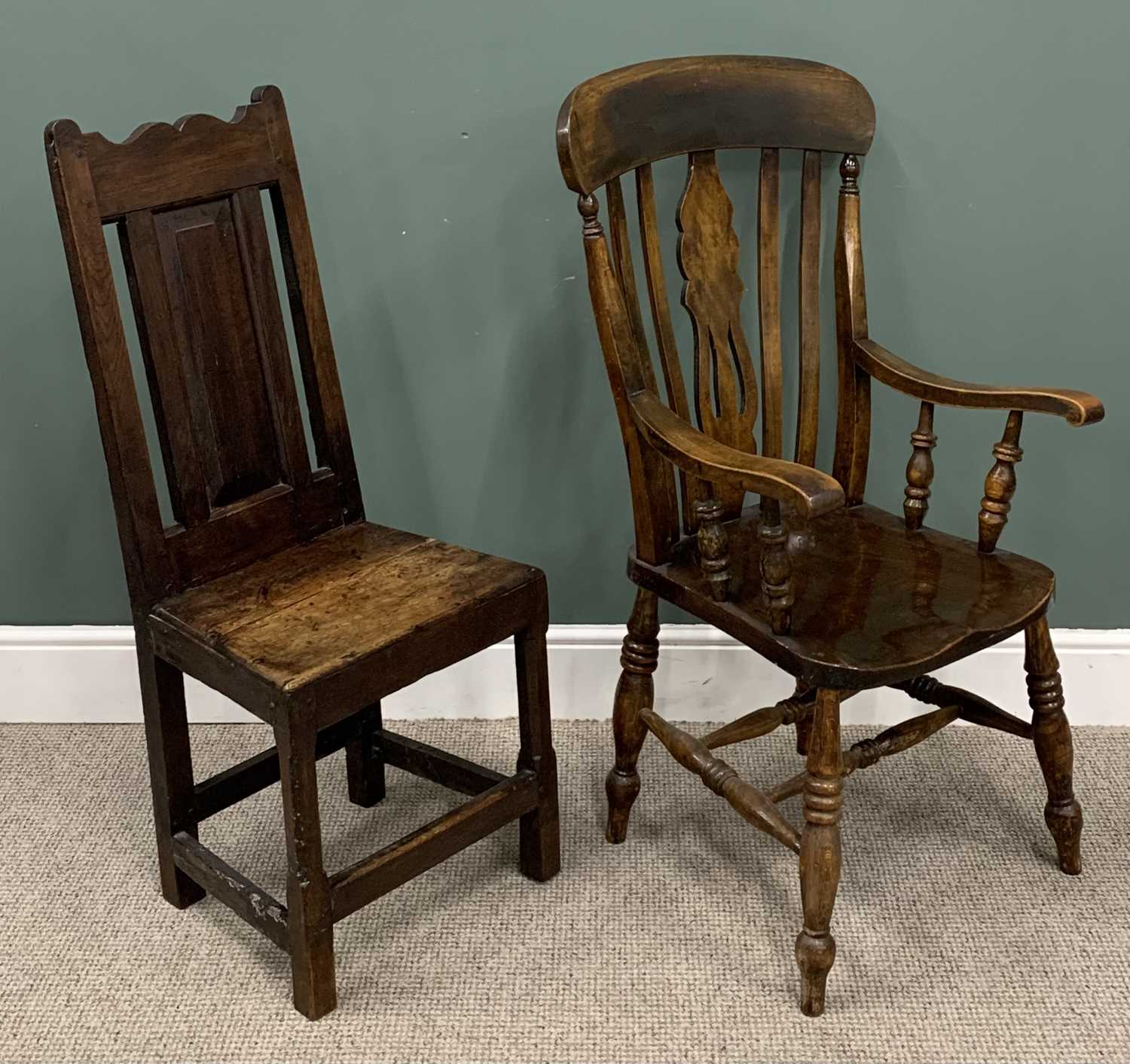 TWO ANTIQUE CHAIRS circa 1800 & later, peg joined early oak hall chair, shaped crest rail, fielded - Image 2 of 4