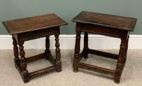 TWO ANTIQUE OAK JOINT STOOLS, circa 1800, edge-moulded rectangular tops, slightly decorative details
