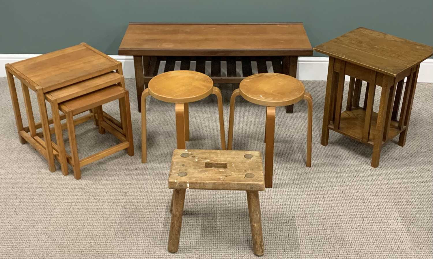 VINTAGE & LATER TABLES & STOOLS comprising, mid-century teak long john coffee table, under tier