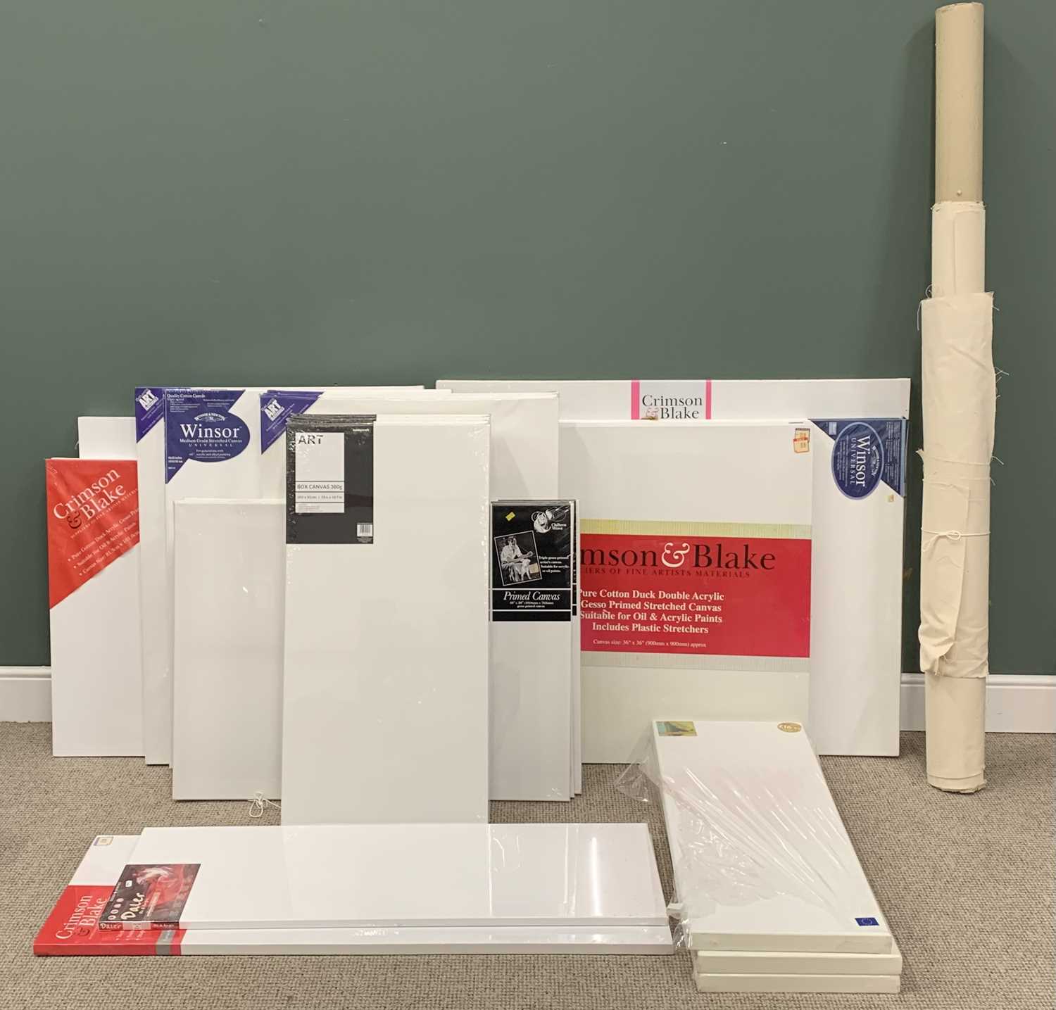 APPROXIMATELY 25 NEW BLANK ARTISTS CANVASES & A ROLLED QUANTITY OF LOOSE CANVAS, makers include