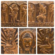 JAIN KOFFLER BA (BRITISH) FIVE REPOUSSE COPPER PANELS, one showing an image of Buddha, 59 x 43cms,