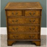 REPRODUCTION BURR WALNUT CHEST, neat proportions, two short, three long drawers, circular brass