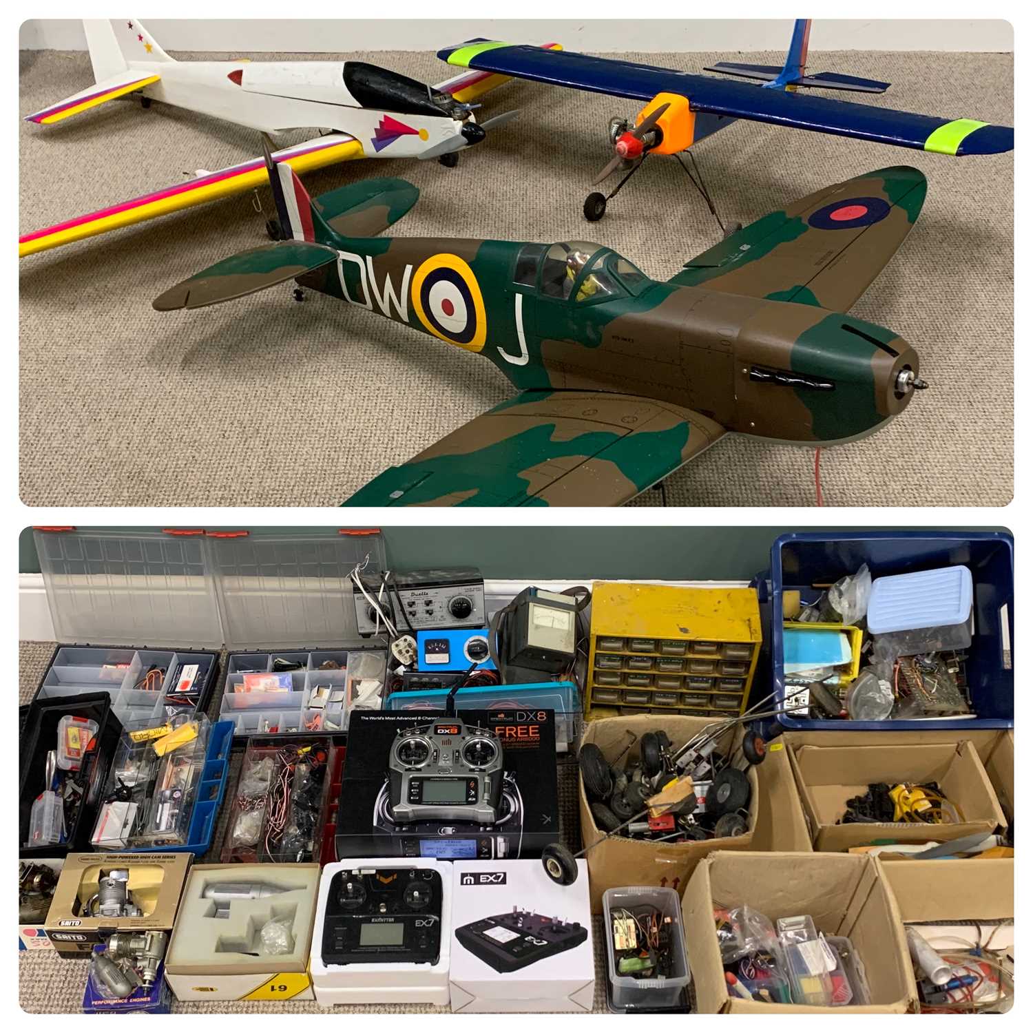 THREE RADIO CONTROLLED MODEL AIRPLANES & A QUANTITY OF POSSIBLY RELATED GOODS AND MATERIALS,