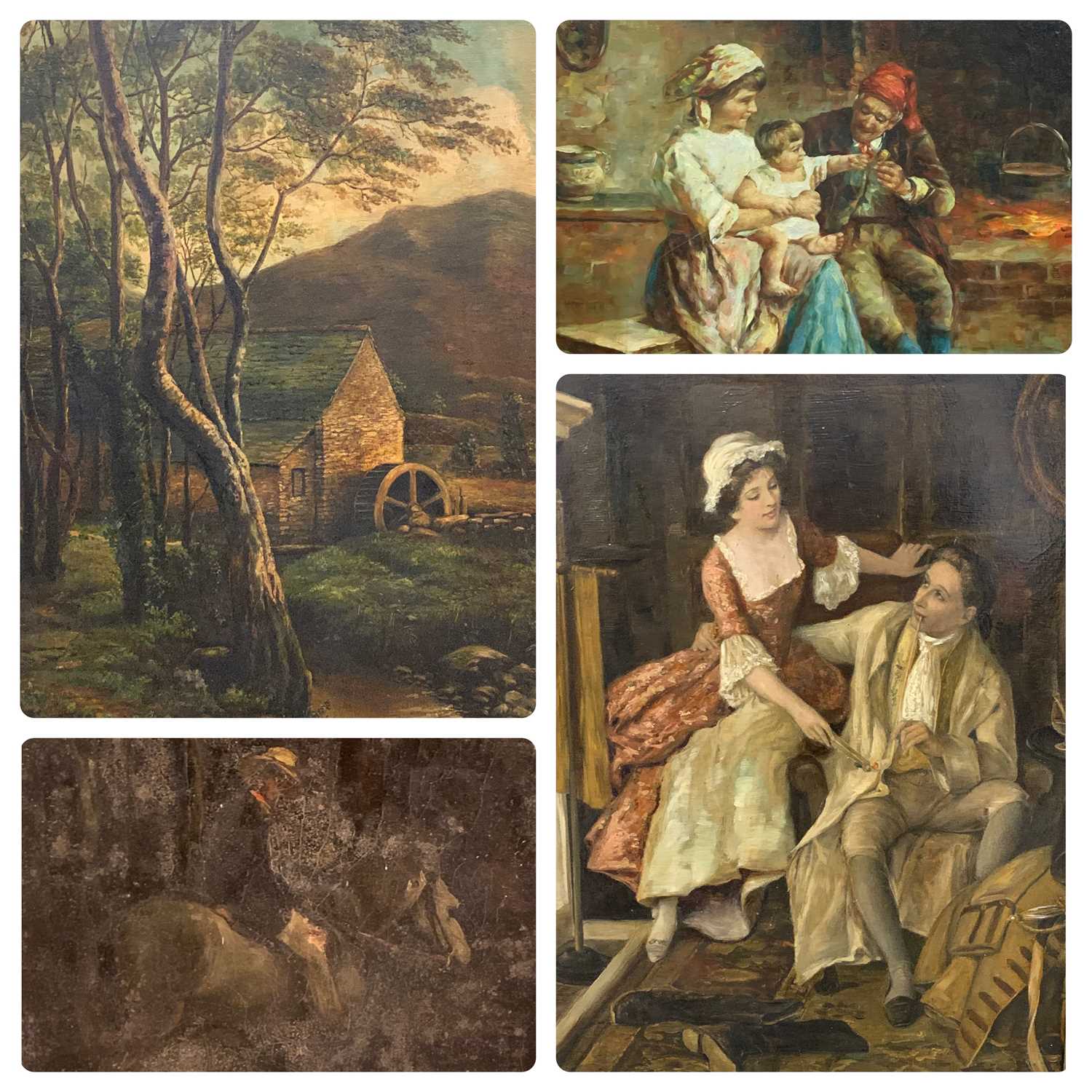 THREE GILT FRAMED OILS ON CANVAS PAINTINGS & A SIMILAR COLOUR HEIGHTENED PRINT, the first oil