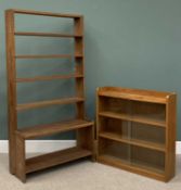 TWO VINTAGE AND LATER BOOKSHELVES comprising, tall hardwood example, open back, four upper