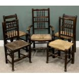 FIVE ANTIQUE RUSH SEATED CHAIRS (2+1+2), various woods comprising a triple row spindle back arm