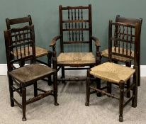 FIVE ANTIQUE RUSH SEATED CHAIRS (2+1+2), various woods comprising a triple row spindle back arm