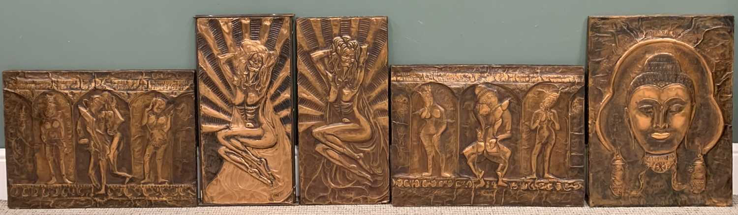 JAIN KOFFLER BA (BRITISH) FIVE REPOUSSE COPPER PANELS, one showing an image of Buddha, 59 x 43cms, - Image 7 of 8