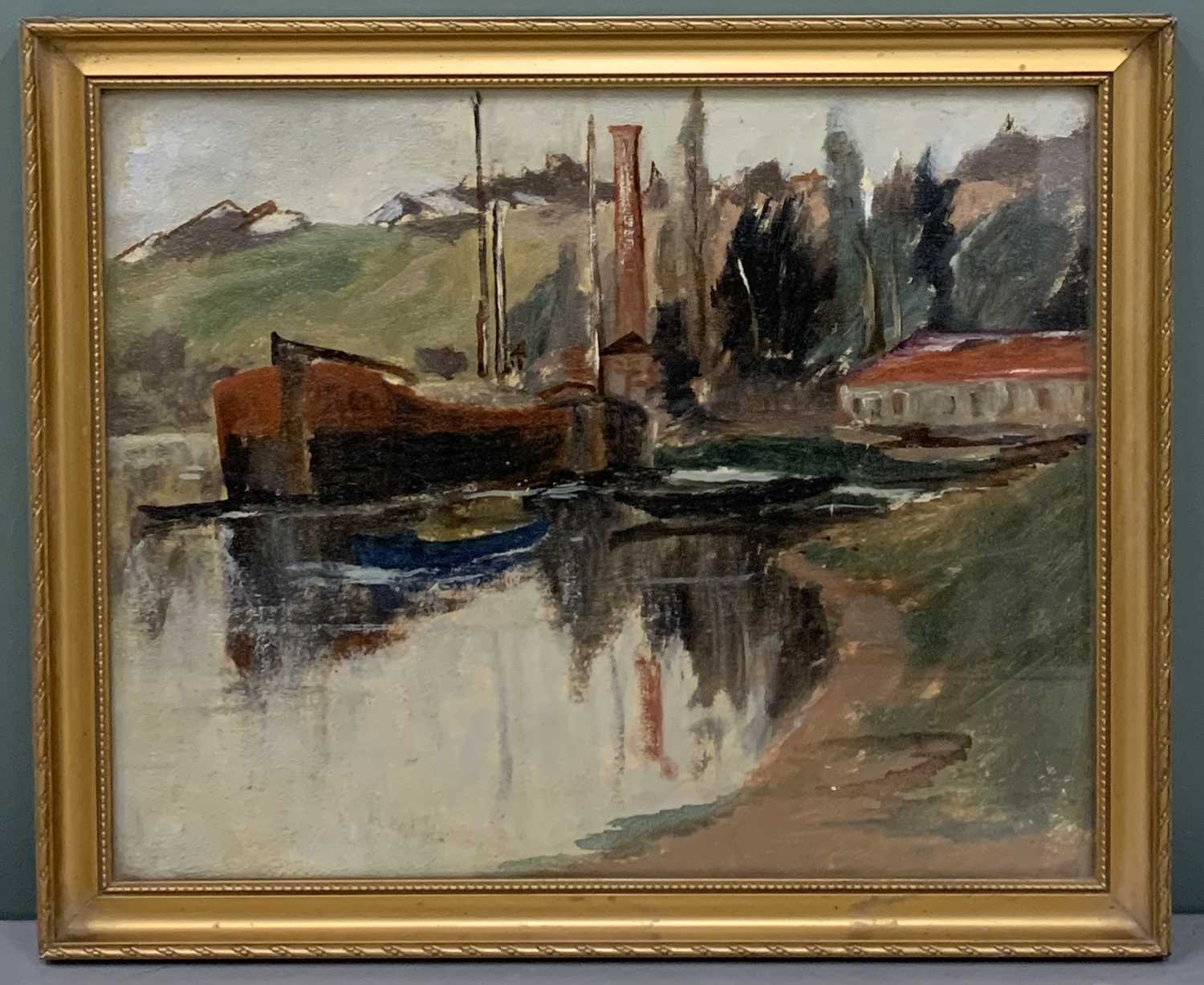 EARLY 20TH CENTURY BRITISH SCHOOL oil on board - depicting Thames type barges on a river near a tall