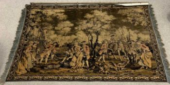 ANTIQUE STYLE WOVEN WOOL TAPESTRY on a vintage brass hanging rail, Classical scene of people in