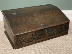 18TH CENTURY OAK BIBLE BOX initialled E.H and dated 1744 to the top, original iron hinges, clasp
