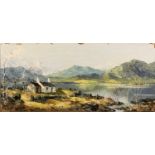 CHARLES WYATT WARREN oil on board - view of Snowdonia with lakeside cottage and silver birch trees