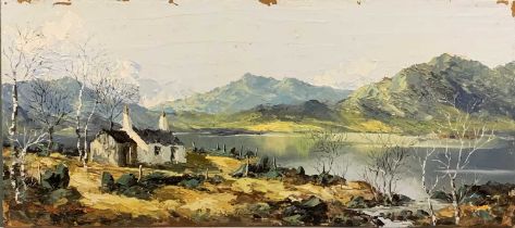 CHARLES WYATT WARREN oil on board - view of Snowdonia with lakeside cottage and silver birch trees