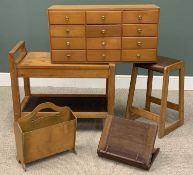 FIVE ITEMS OF VINTAGE & LATER FURNITURE to include a lightwood counter-top bank of twelve opening