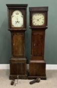 TWO EARLY 19TH CENTURY OAK LONGCASE CLOCKS, comprising an arched top fruit painted dial, Arabic