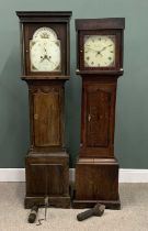 TWO EARLY 19TH CENTURY OAK LONGCASE CLOCKS, comprising an arched top fruit painted dial, Arabic