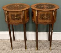 PAIR OF REPRODUCTION ITALIAN INLAID SIDE TABLES three bow-front central opening drawers, gilt