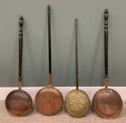 ANTIQUE COPPER & BRASSWARE comprising 2 x long-handled chestnut roasters, both with pierced lids