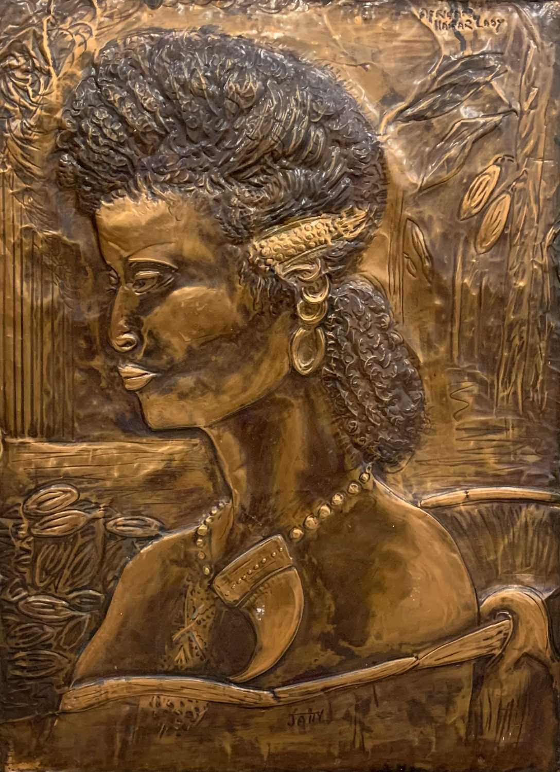 JAIN KOFFLER BA (BRITISH) FOUR REPOUSSE COPPER PANELS, the first titled 'African Hair Lady', 59 x - Image 2 of 6