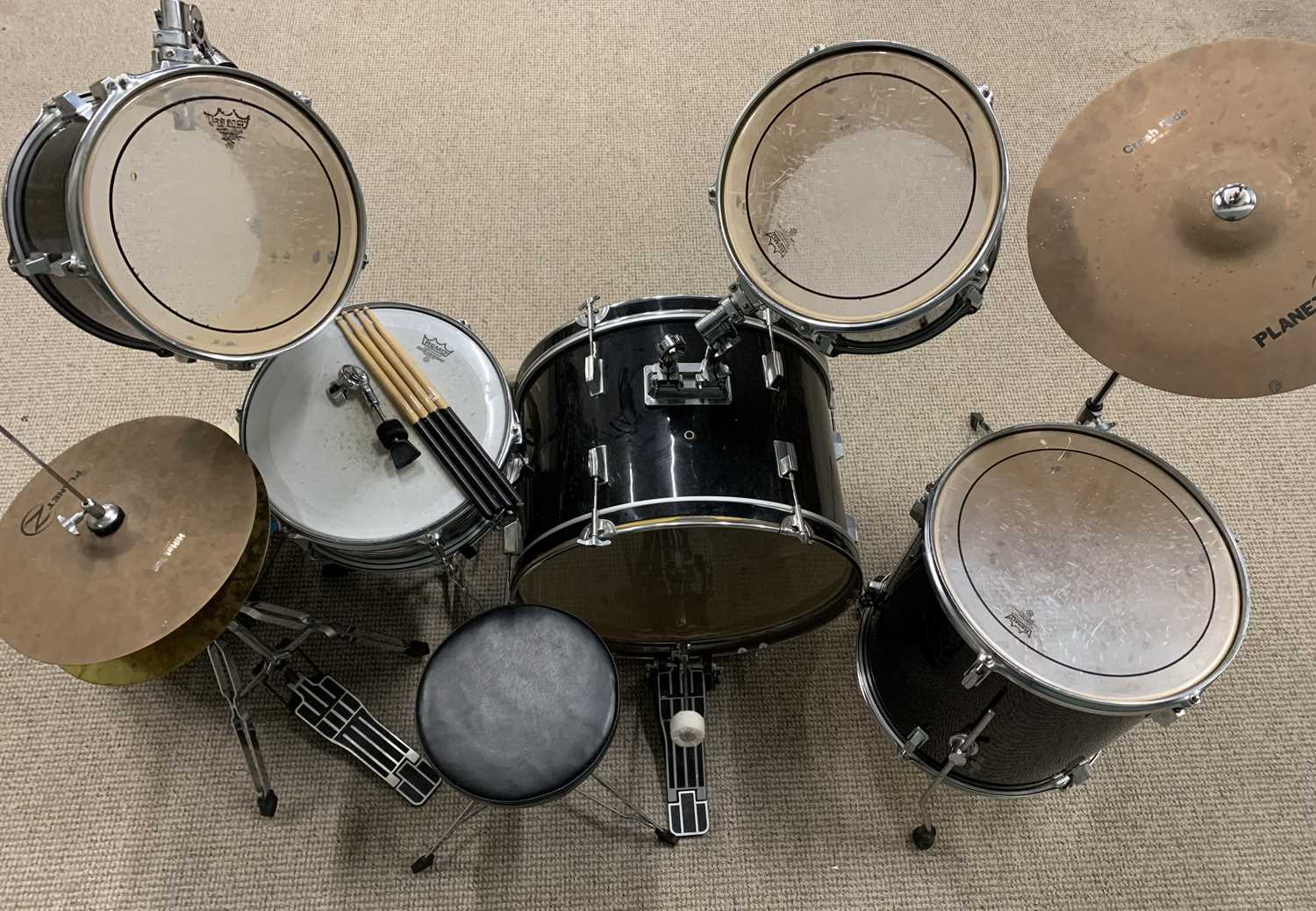 BLACK AND CHROME DRUMKIT comprising five various drums, cymbals, stool, foot pedals and drumsticks - Image 3 of 3