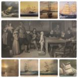NINE VARIOUS PAINTINGS AND PRINTS - SHIPPING, MARINE AND OTHER including a pair of walnut framed
