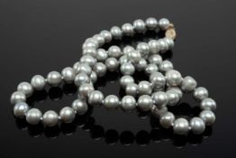 SINGLE STRAND SILVER-GREY CULTURED PEARL NECKLACE, with 9ct gold oval clasp, 51cms